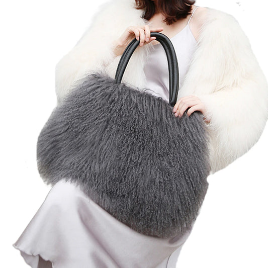 ZDFURS* 2021 Real Mongolian Fur Bags Australian Beach Wool Fur Shoulder Bag Ladies Tibet Lamb Fur Wrist Bag Large Capacity